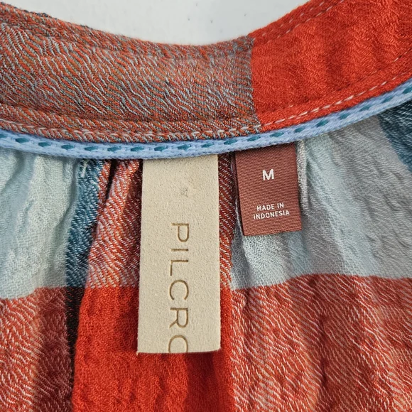 Pilcro Breezy Plaid Button Down Gauzy Rustic Long Sleeve Top M - Picture 6 of 11